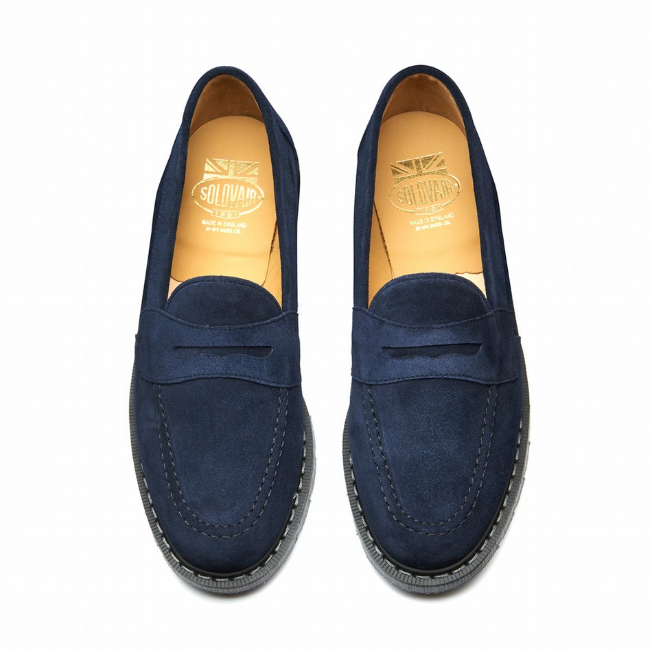 Solovair Suede Penny Donna Mocassini Blu Marino | S0-970-BL-SUE-G-040