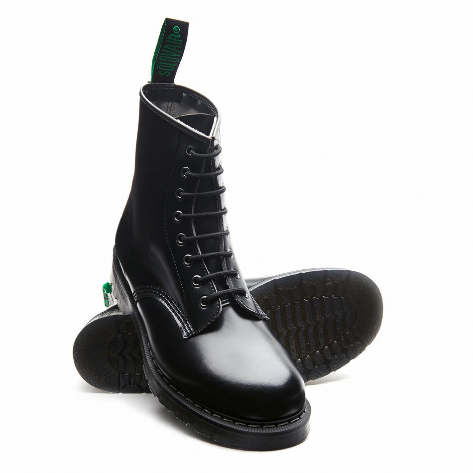 Solovair Vegan Hi-Shine 8 Eye Donna Stivali Derby Nere | VS8-551-BK-SM-VEG-G-035